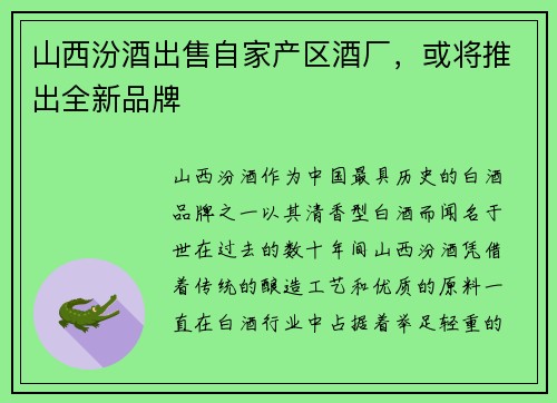 山西汾酒出售自家产区酒厂，或将推出全新品牌